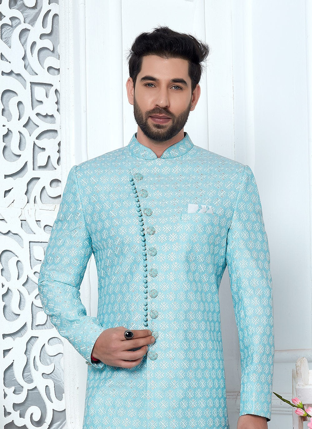 Thread Art Silk Aqua Blue Indo Western - M6633