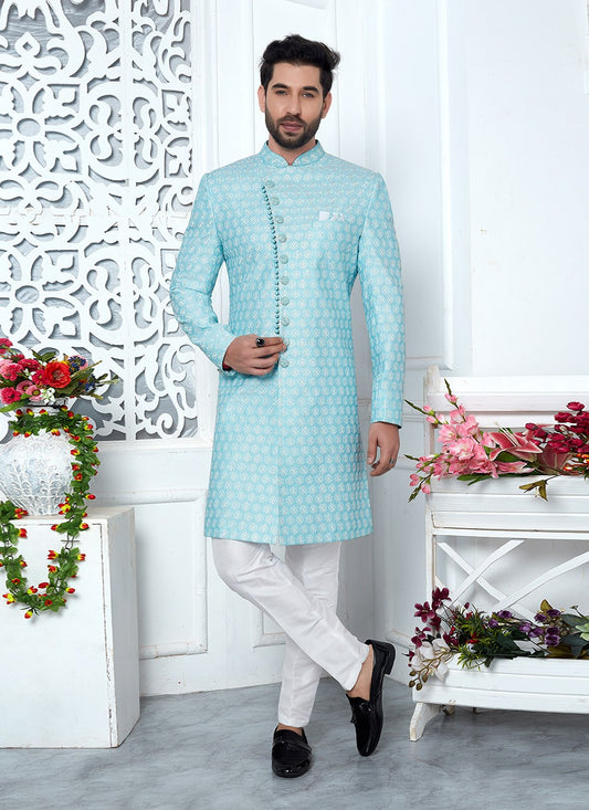 Thread Art Silk Aqua Blue Indo Western - M6633