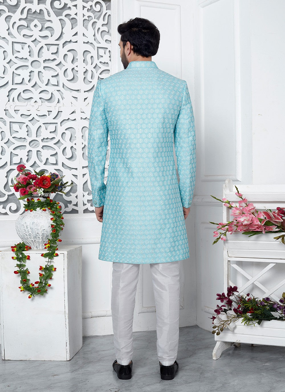 Thread Art Silk Aqua Blue Indo Western - M6633