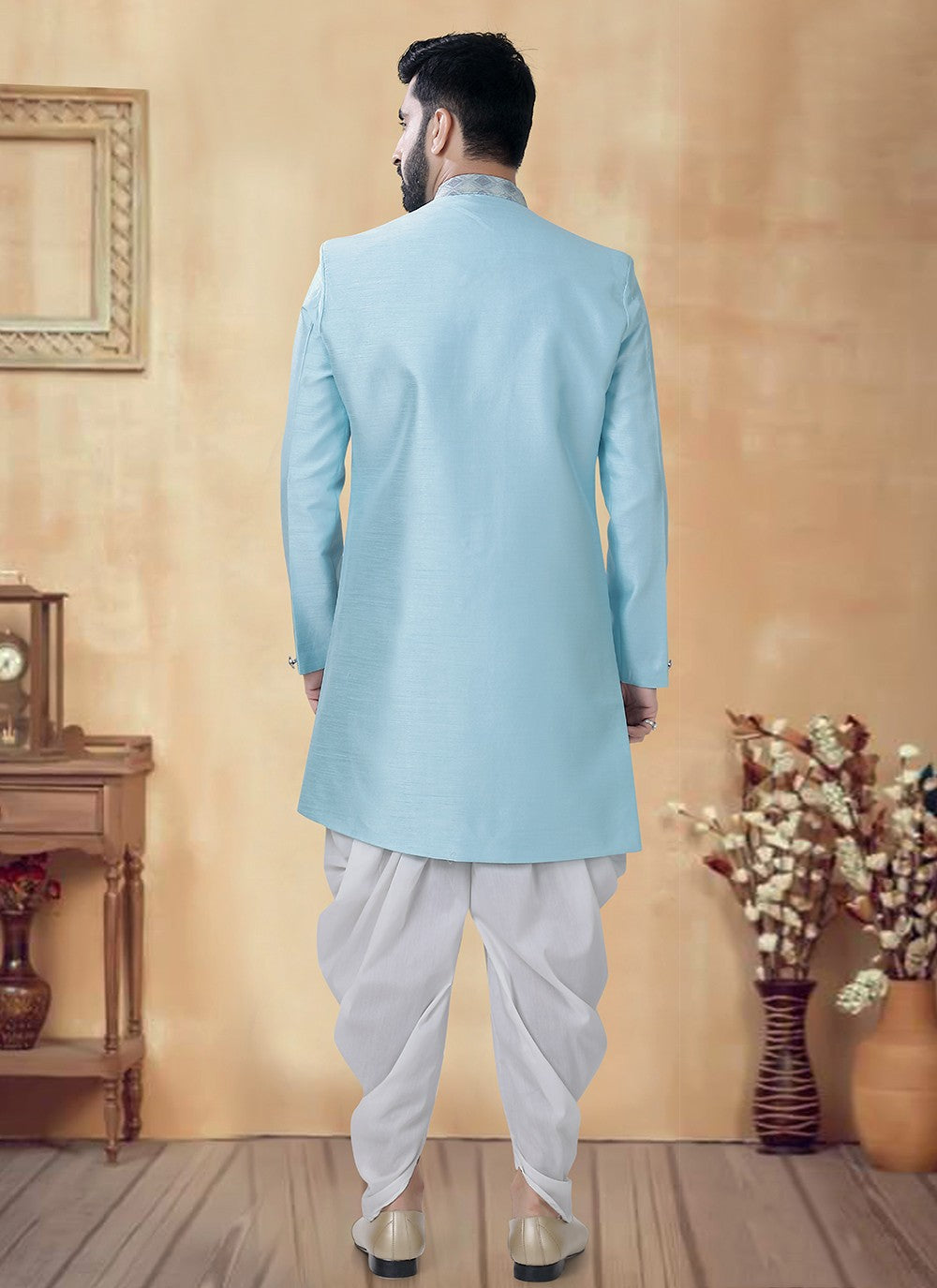 Embroidered Silk Aqua Blue Sherwani - M8520