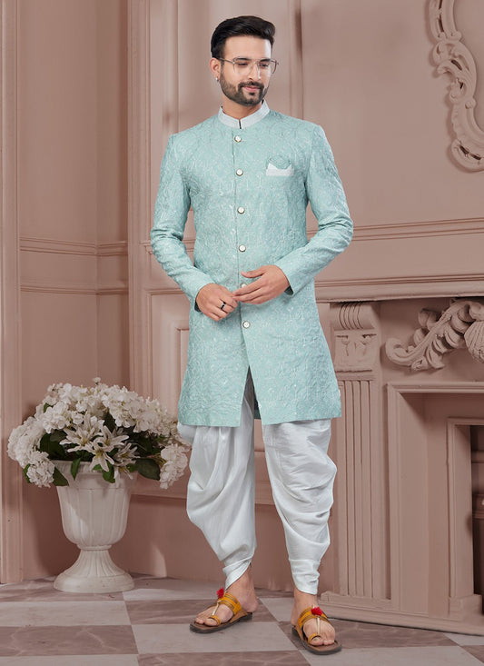 Machine Embroidery Silk Aqua Blue Sherwani - M8619