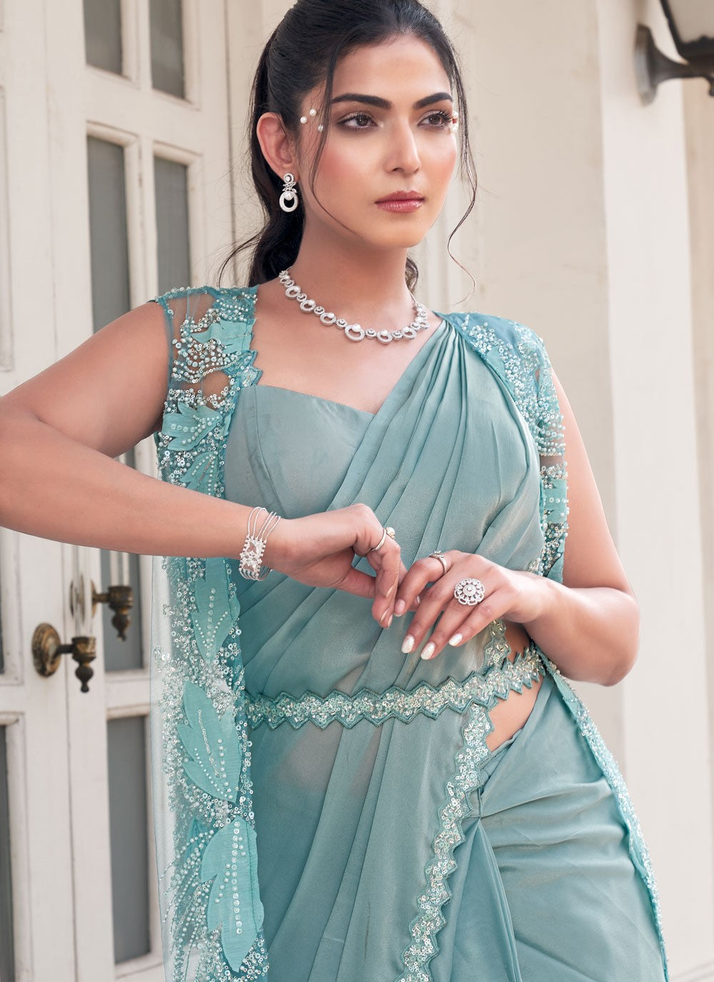 Classic Saree Border Work Aqua Blue Satin Silk Saree S13381