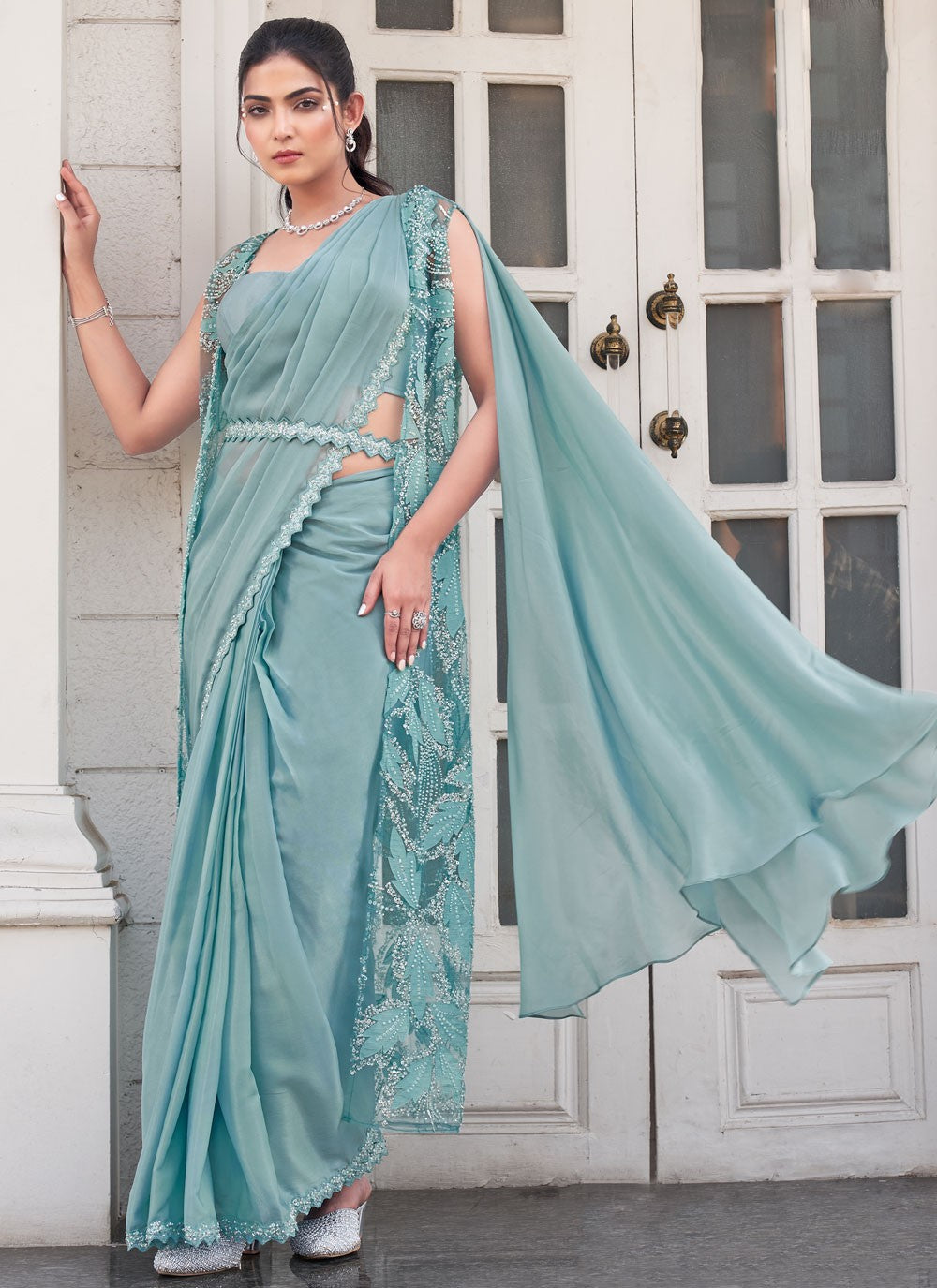 Classic Saree Border Work Aqua Blue Satin Silk Saree S13381
