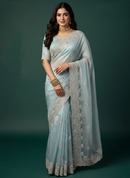 Aqua Blue Net Classic Saree Embroidered, Sequins S20239