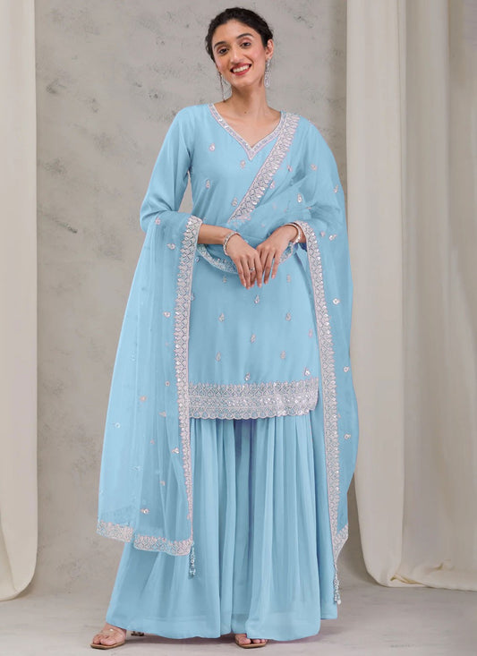 Salwar Suit Embroidered Aqua Blue Georgette T5533