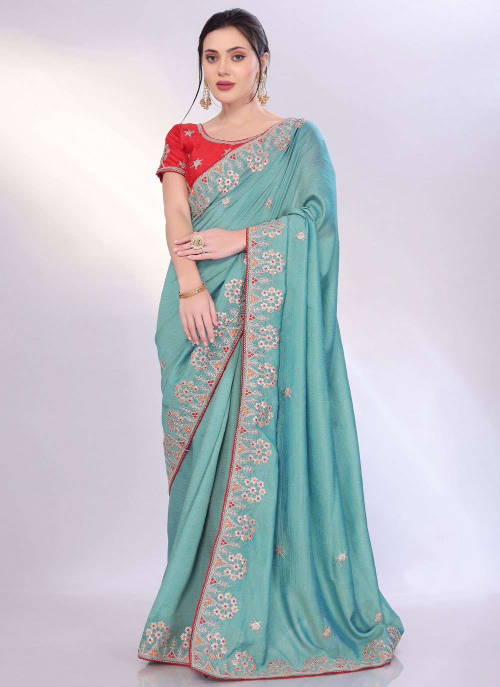 Embroidered Silk Aqua Blue Saree S14059