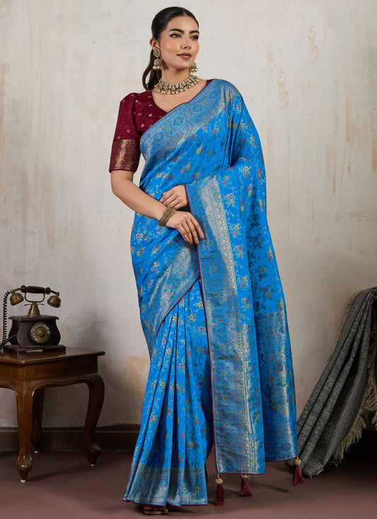 Aqua Blue Silk Contemporary Saree Weaving Zari S19975