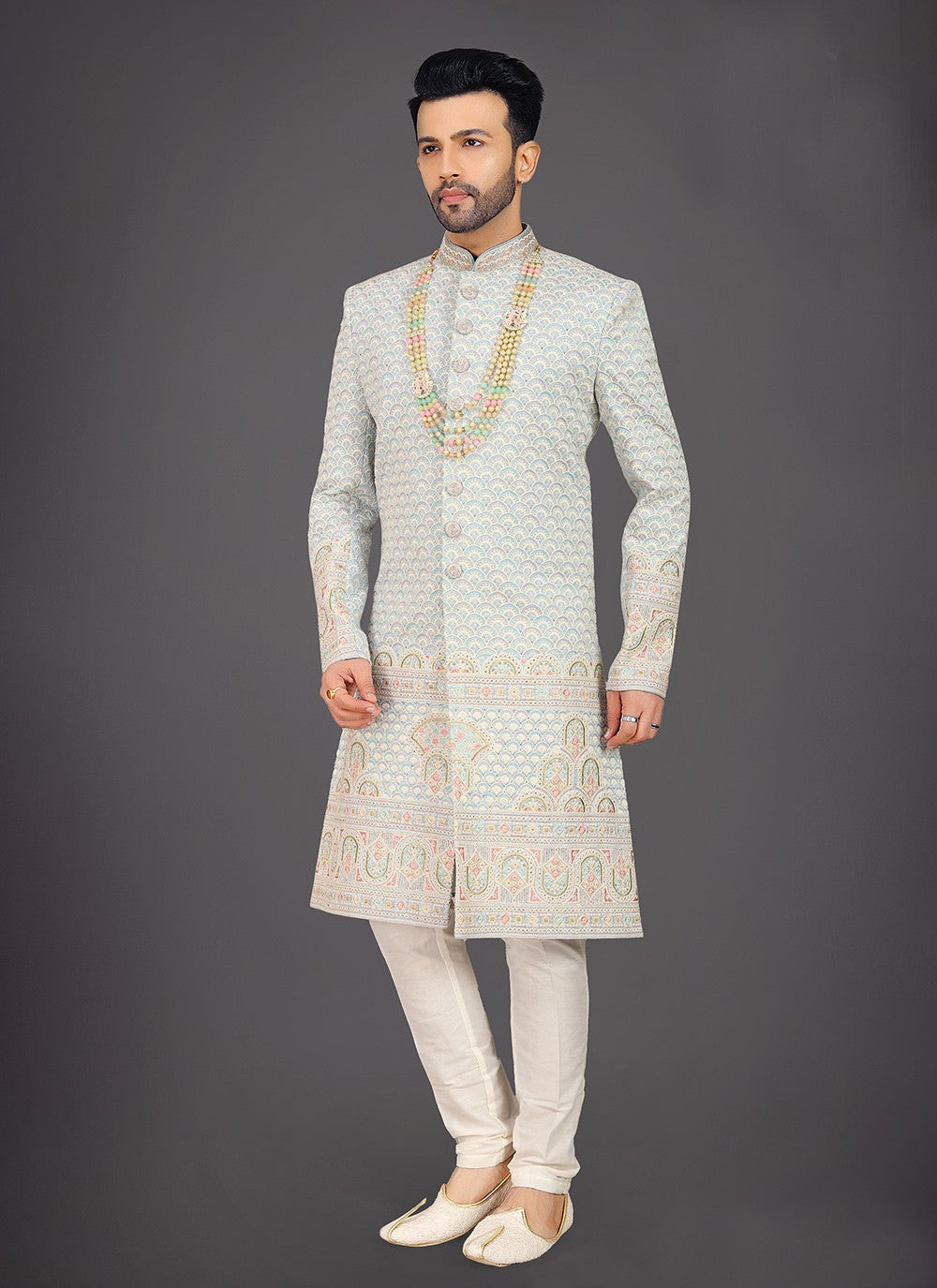 Embroidered Silk Aqua Blue Sherwani - M7980