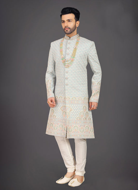 Embroidered Silk Aqua Blue Sherwani - M7980