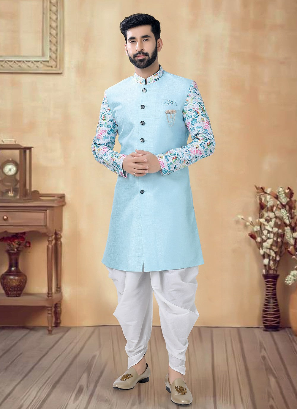 Printed Silk Aqua Blue Sherwani - M8526