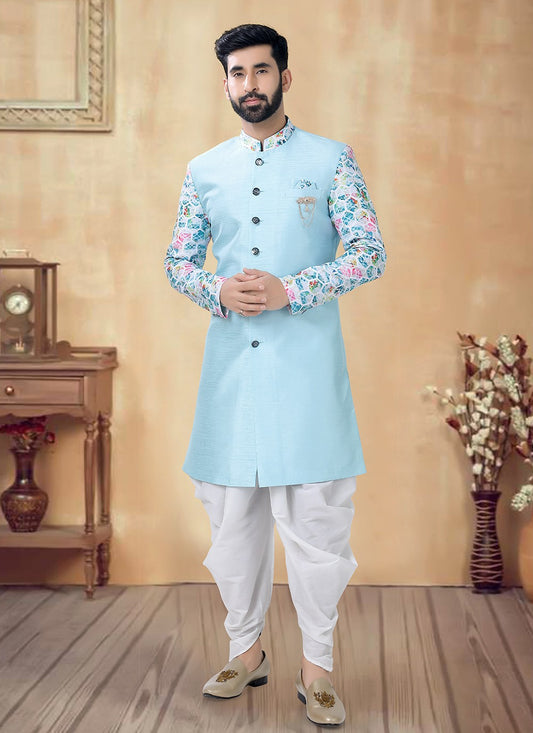 Printed Silk Aqua Blue Sherwani - M8526