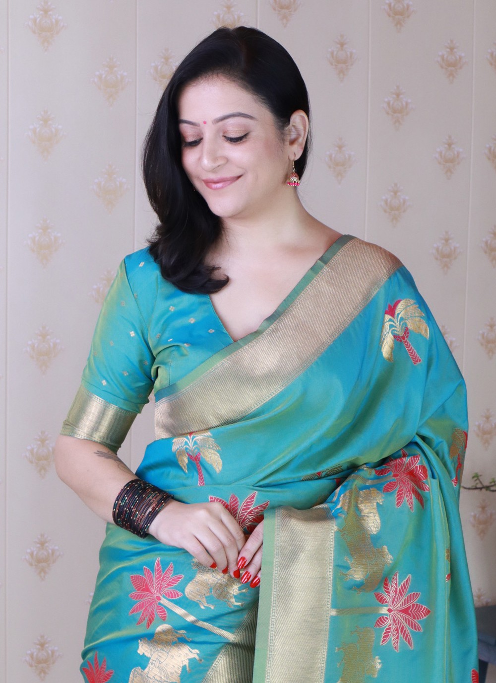 Aqua Blue Silk Contemporary Saree Meenakari, Woven S19475