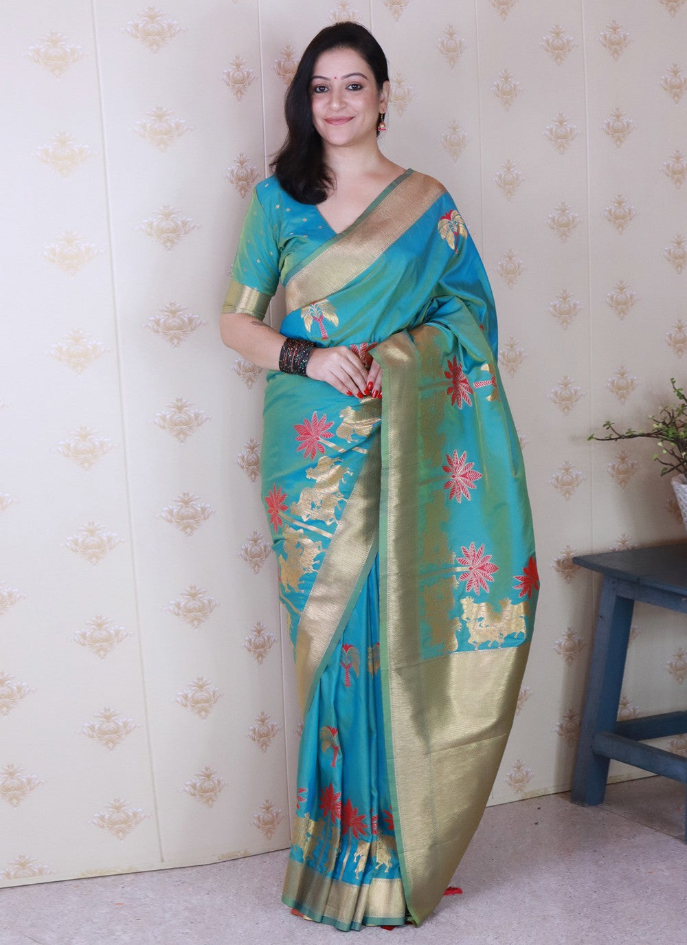 Aqua Blue Silk Contemporary Saree Meenakari, Woven S19475