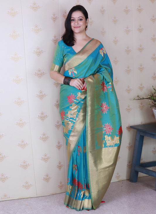 Aqua Blue Silk Contemporary Saree Meenakari, Woven S19475