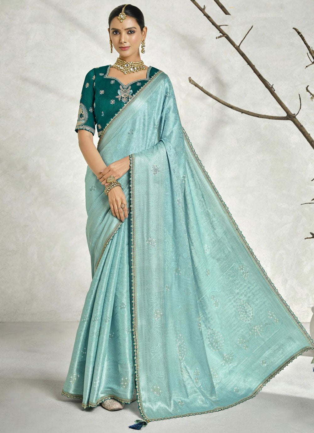 Border Work Silk Aqua Blue Classic Saree S15444