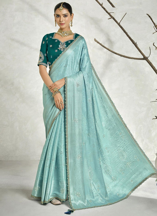 Border Work Silk Aqua Blue Classic Saree S15444