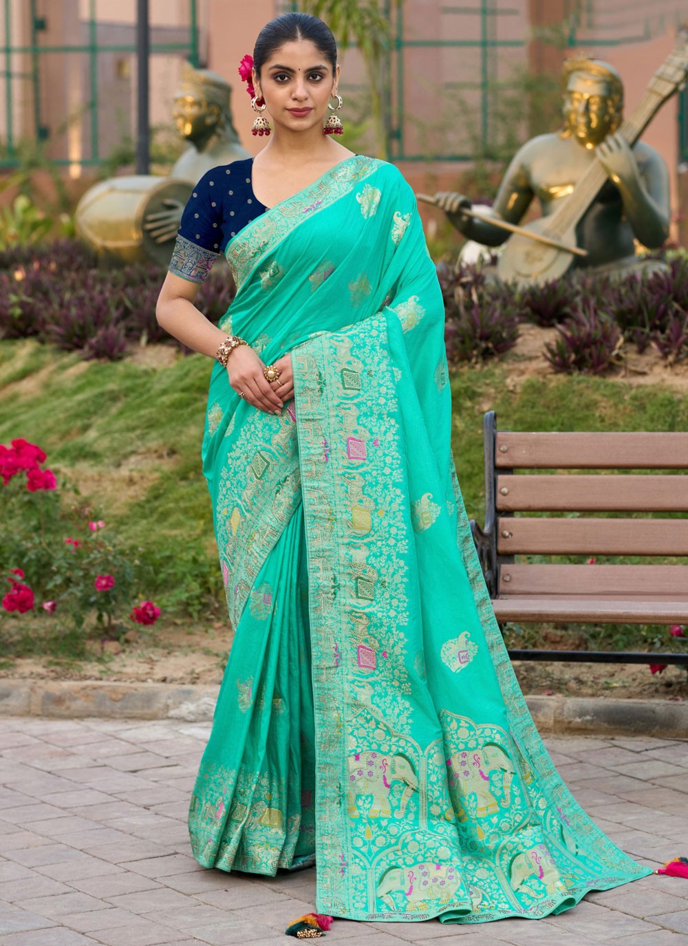 Swarovski Silk Aqua Blue Designer Saree S15100