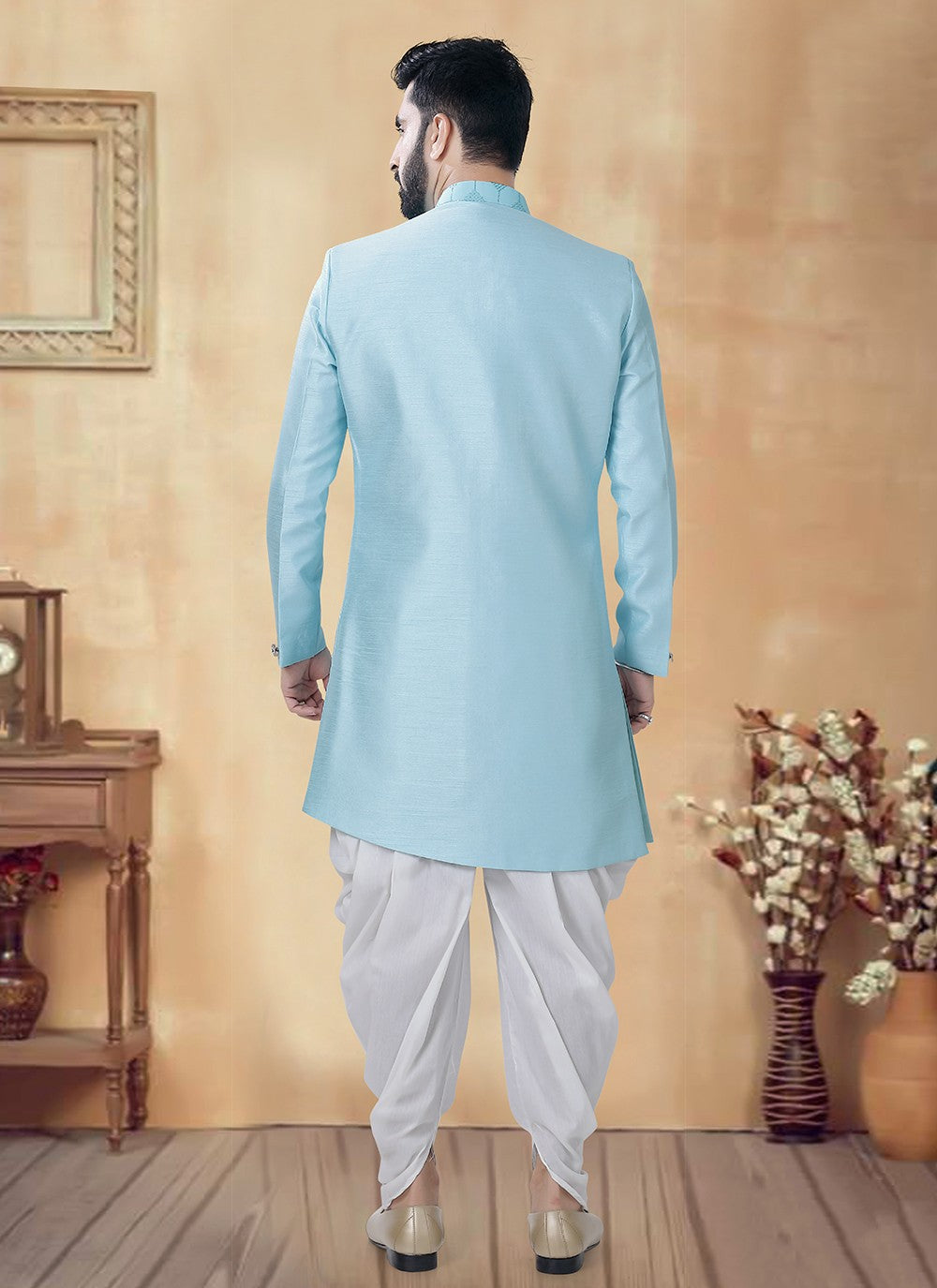 Embroidered Silk Aqua Blue Sherwani - M8515