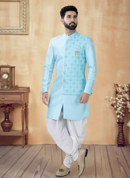 Embroidered Silk Aqua Blue Sherwani - M8515