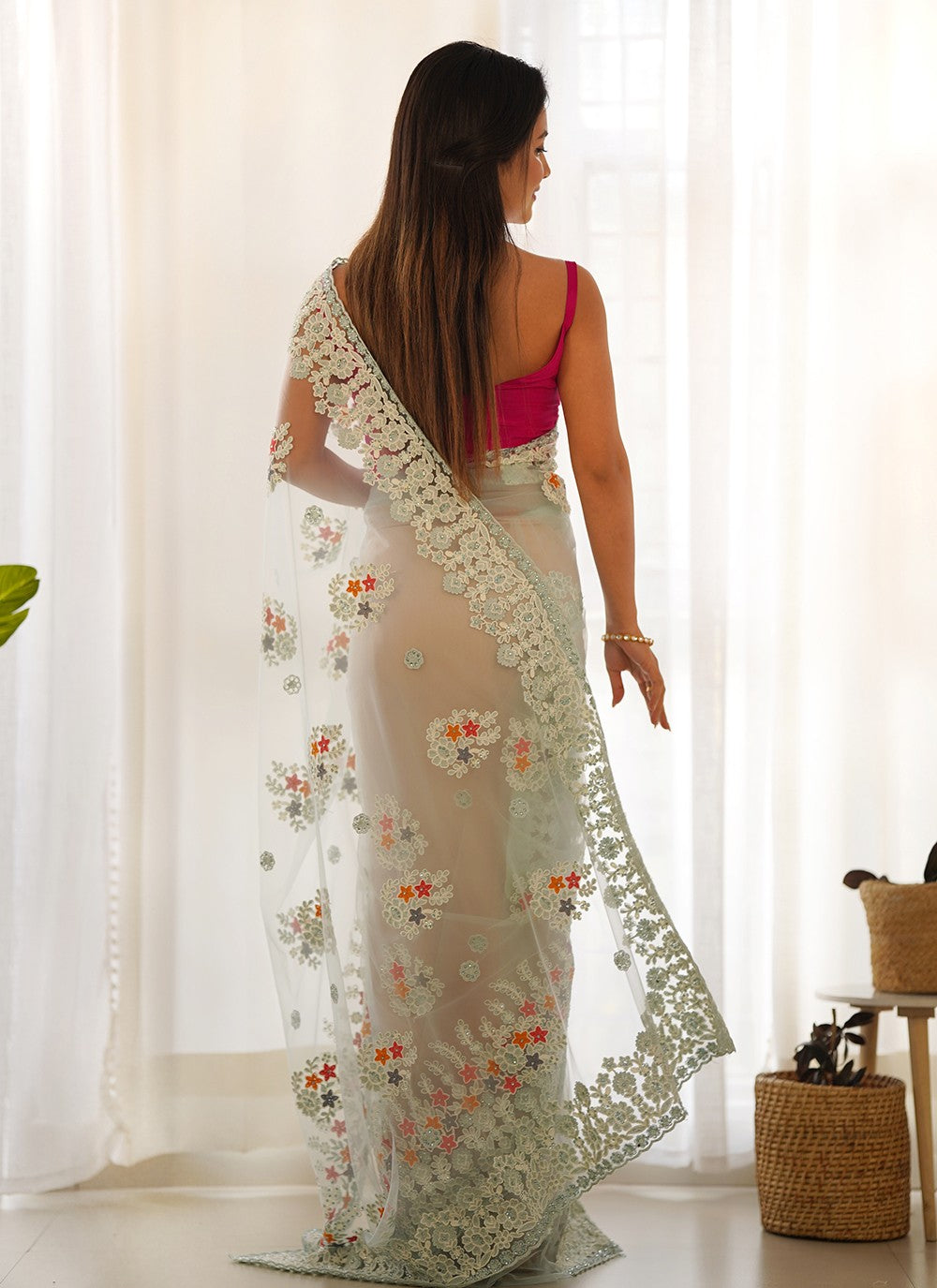 Aqua Blue Net Classic Saree Embroidered, Thread S19068