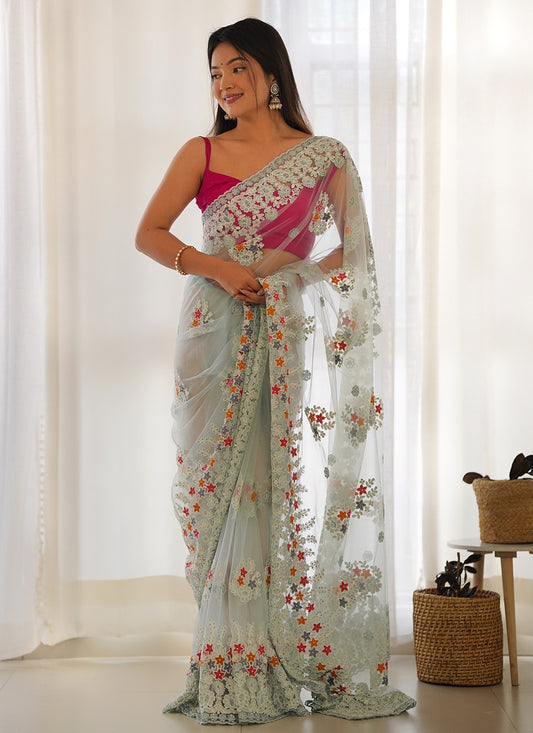 Aqua Blue Net Classic Saree Embroidered, Thread S19068