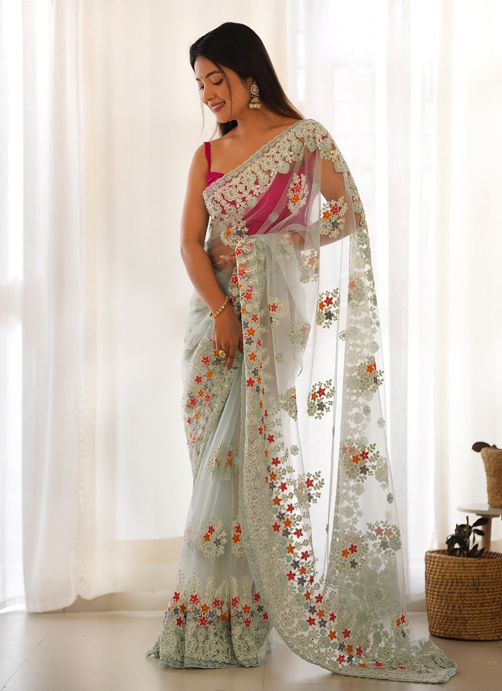Aqua Blue Net Classic Saree Embroidered, Thread S19068