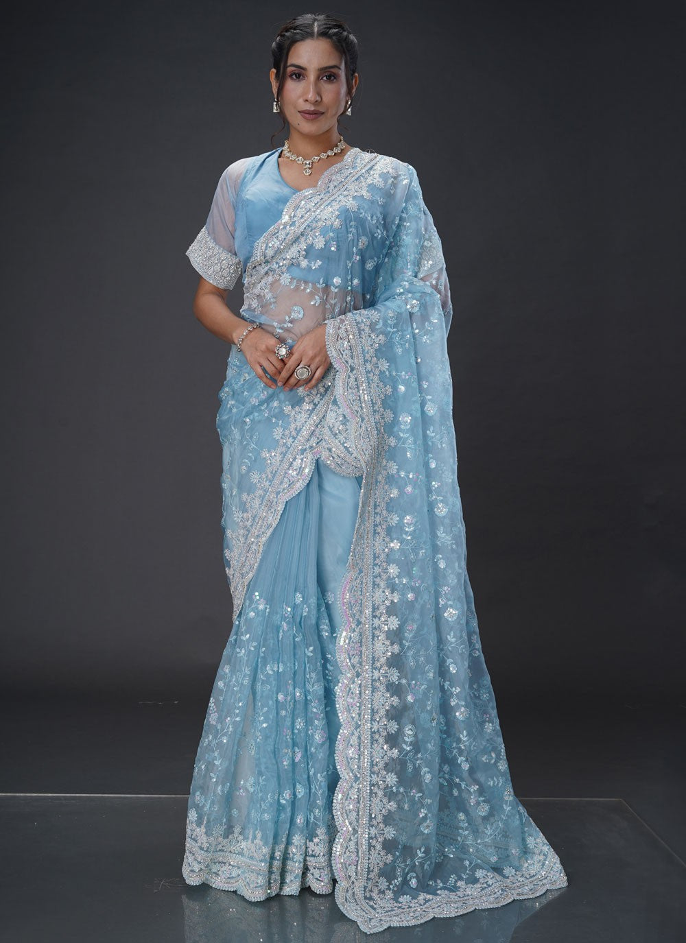 Cut Work Organza Aqua Blue Classic Saree S15470