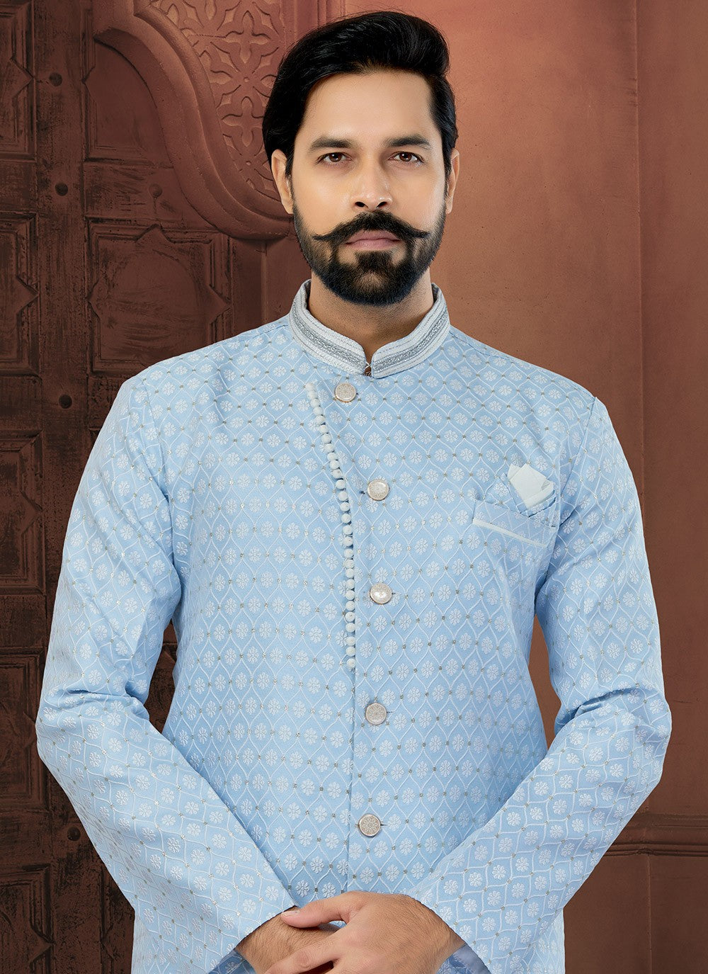 Fancy Work Banarasi Jacquard Aqua Blue Indo Western Sherwani - M5812