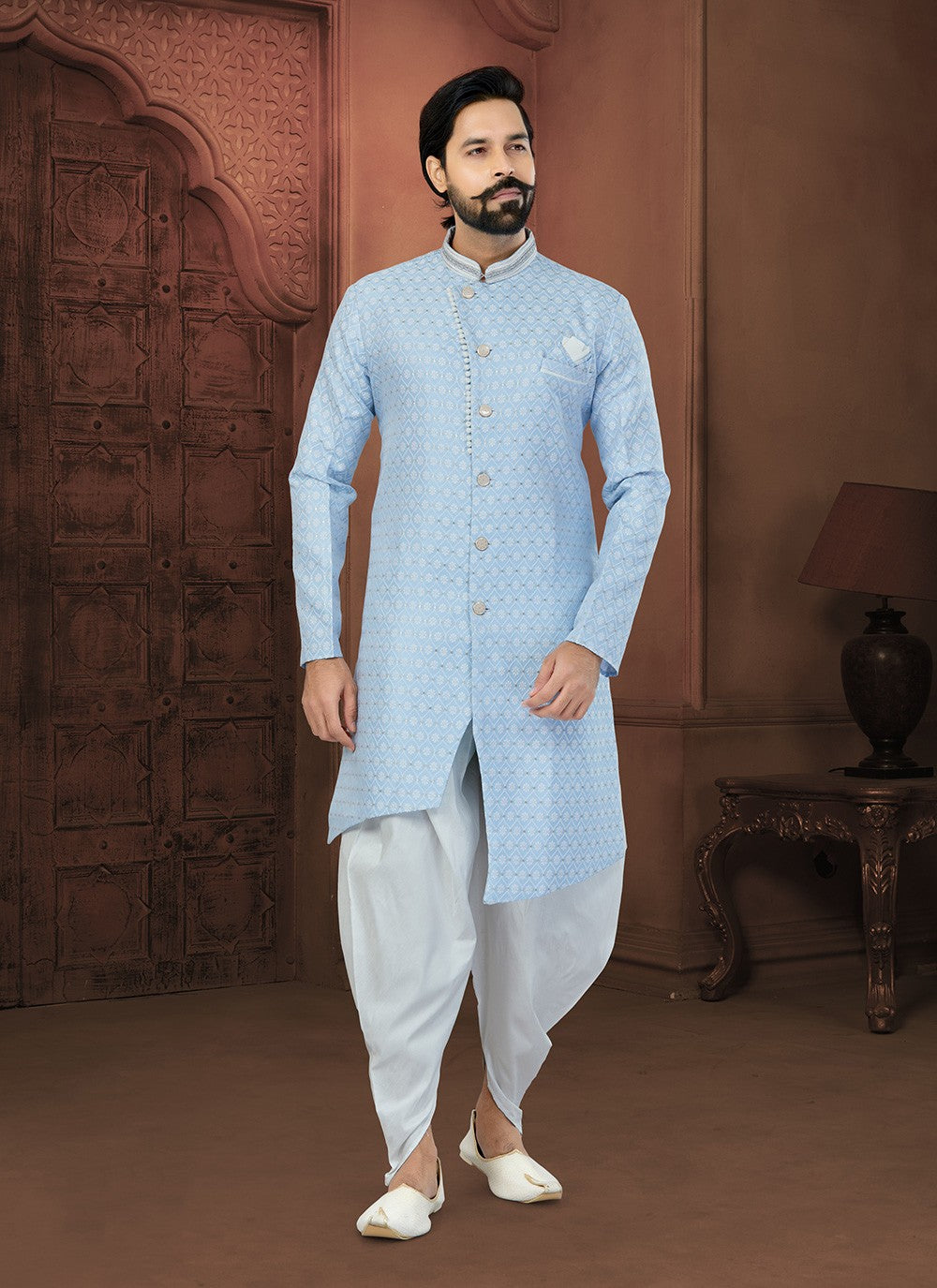 Fancy Work Banarasi Jacquard Aqua Blue Indo Western Sherwani - M5812