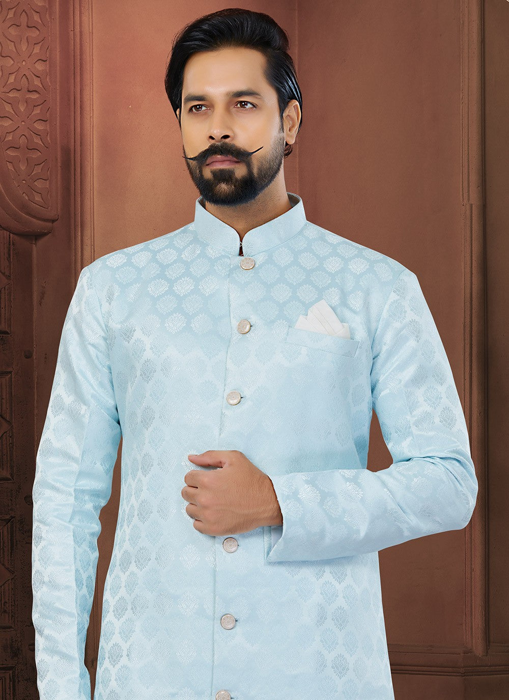 Fancy Work Jacquard Aqua Blue Indo Western Sherwani - M5797