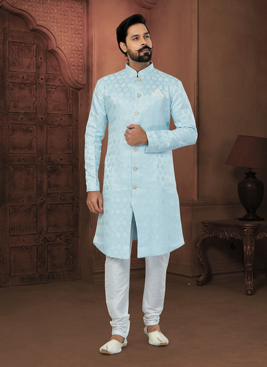 Fancy Work Jacquard Aqua Blue Indo Western Sherwani - M5797