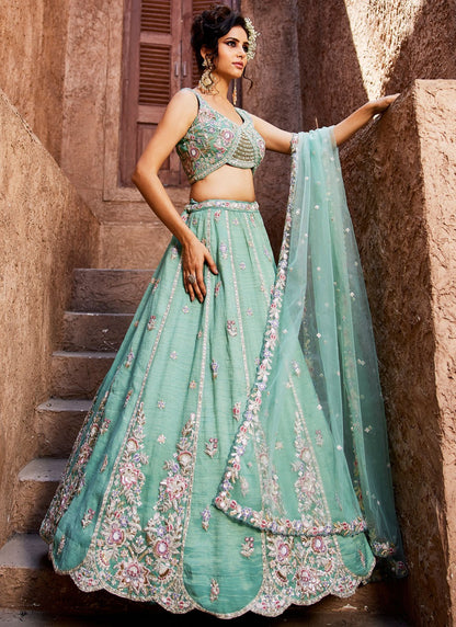 Tissue Engagement, Mehandi & Sangeet, Reception, Wedding A - Line Lehenga L3534