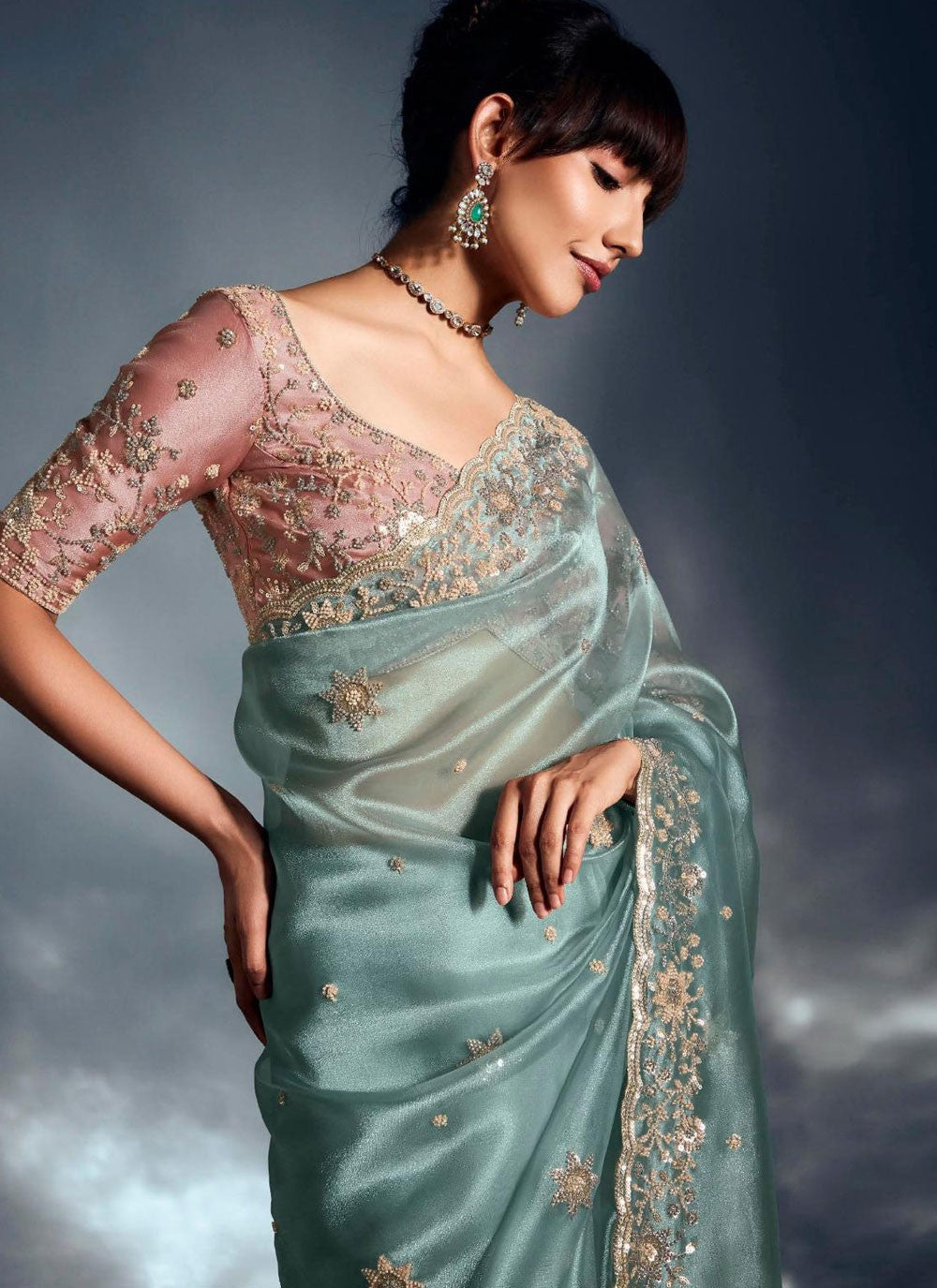 Aqua Blue Fancy Fabric Traditional Saree Cut Work, Cutdana, Khatli Work, Sequins, Thread, Zari S19060