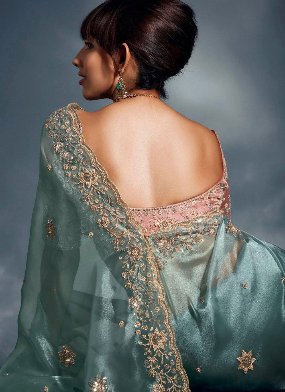 Aqua Blue Fancy Fabric Traditional Saree Cut Work, Cutdana, Khatli Work, Sequins, Thread, Zari S19060