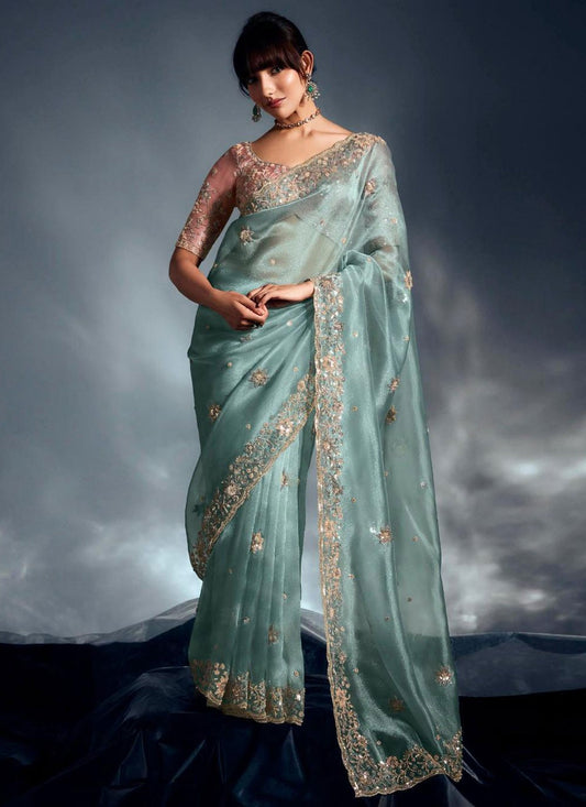 Aqua Blue Fancy Fabric Traditional Saree Cut Work, Cutdana, Khatli Work, Sequins, Thread, Zari S19060