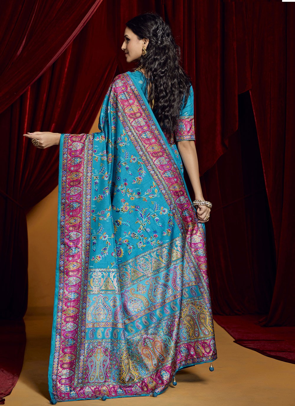 Paisley Printed Tussar Silk Aqua Blue Contemporary Saree S15401