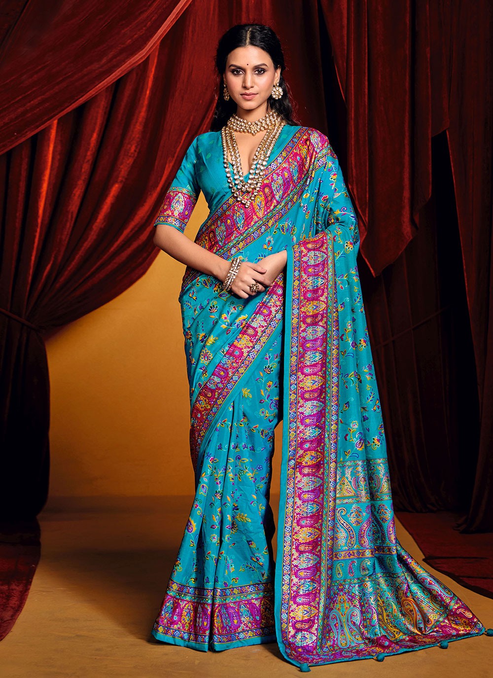 Paisley Printed Tussar Silk Aqua Blue Contemporary Saree S15401