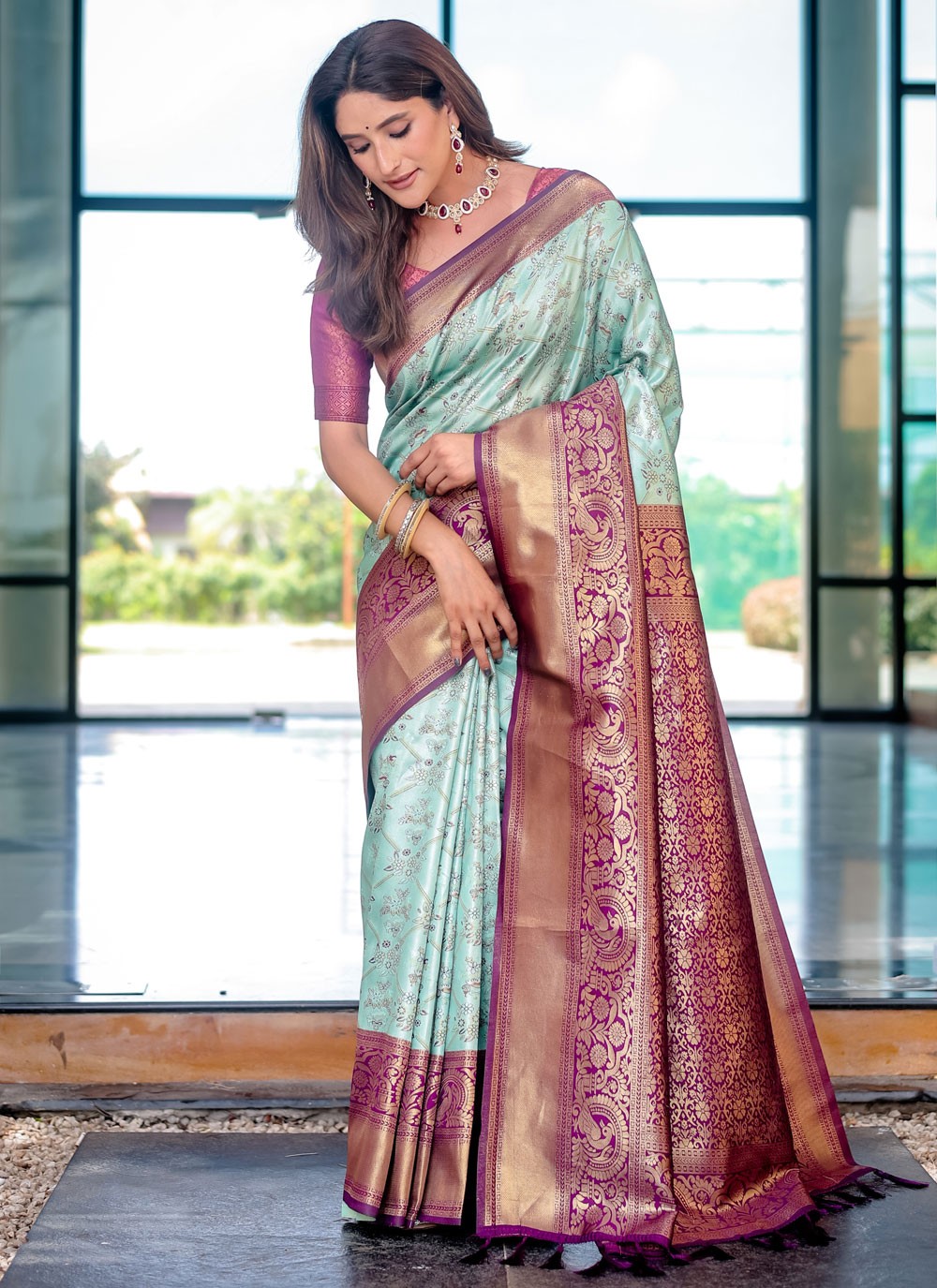 Classic Saree Woven Aqua Blue Malbari Silk Saree S12342