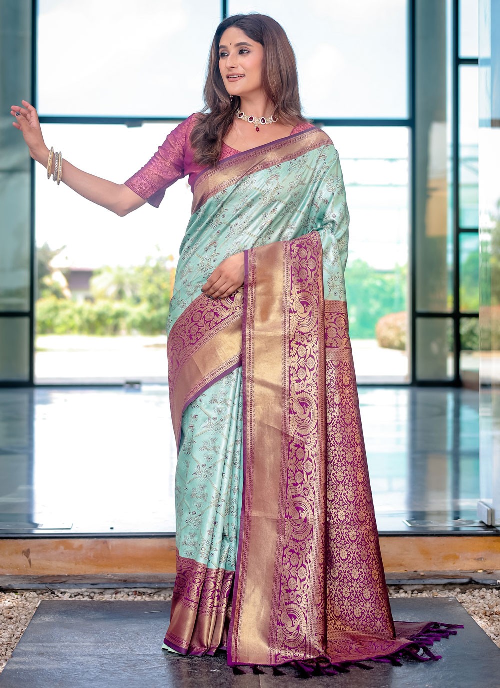 Classic Saree Woven Aqua Blue Malbari Silk S12342