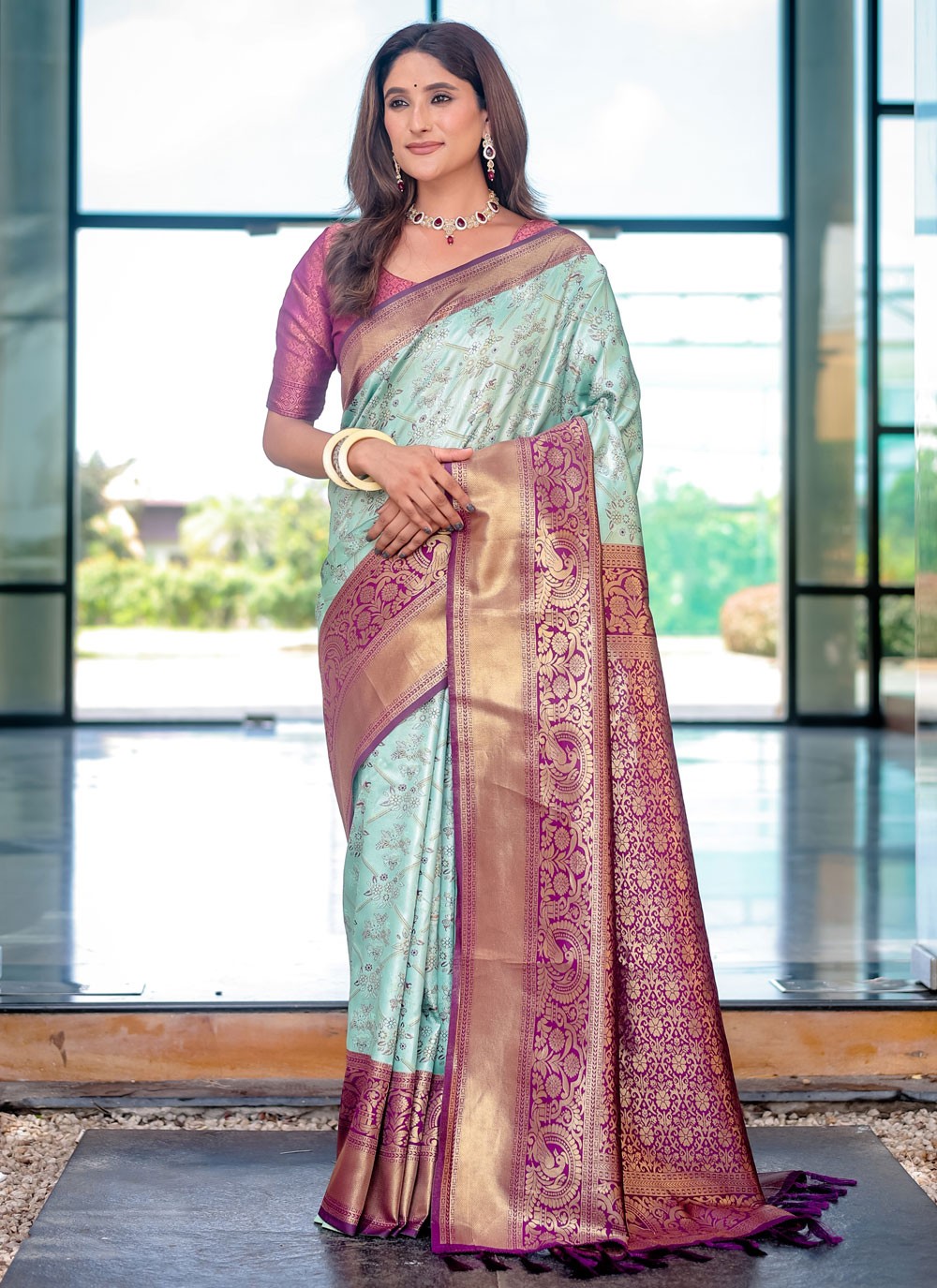 Classic Saree Woven Aqua Blue Malbari Silk S12342