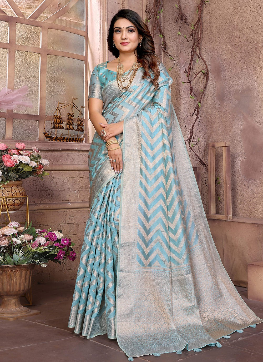 Trendy Saree Woven Aqua Blue Organza Saree S13618