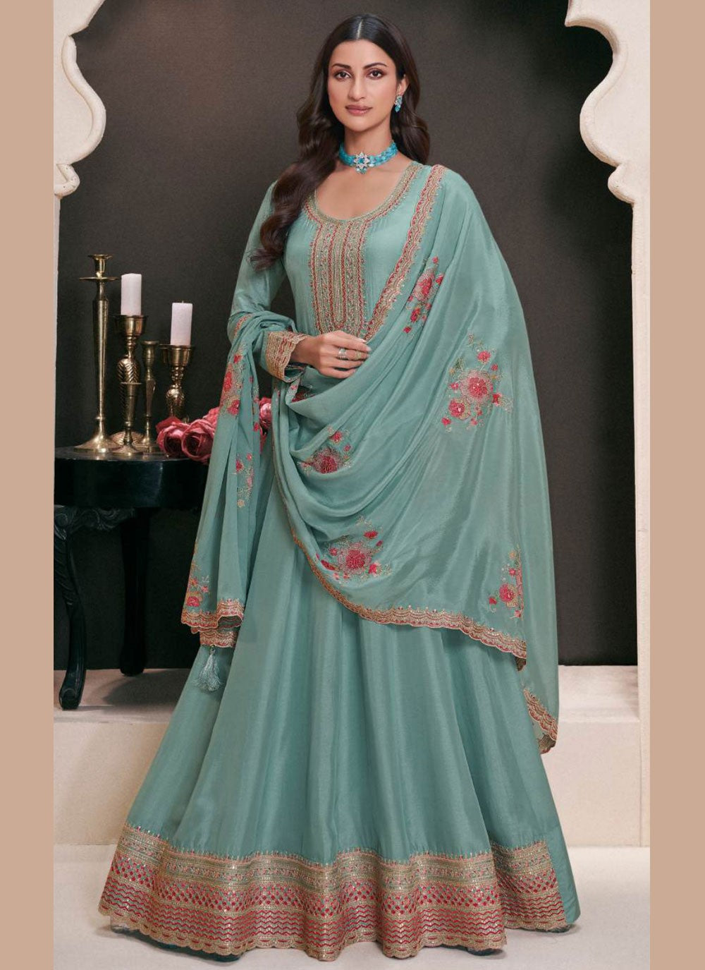 Anarkali Embroidered Aqua Blue Silk T5551