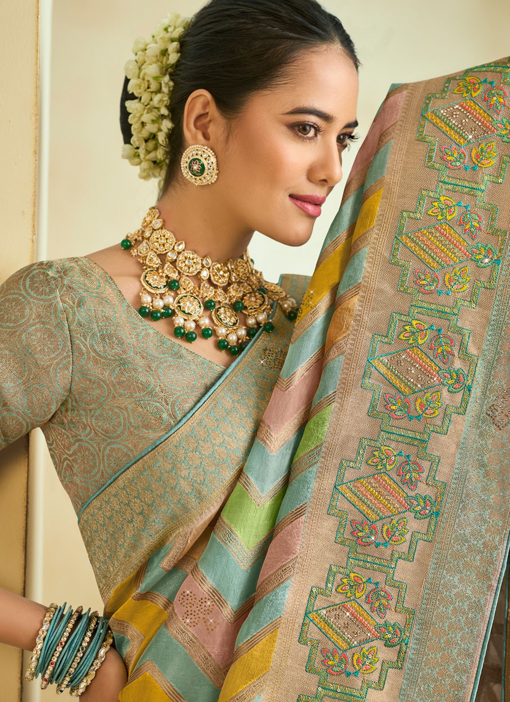 Classic Saree Embroidered Aqua Blue Silk S12492
