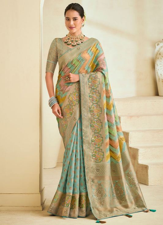 Classic Saree Embroidered Aqua Blue Silk Saree S12492