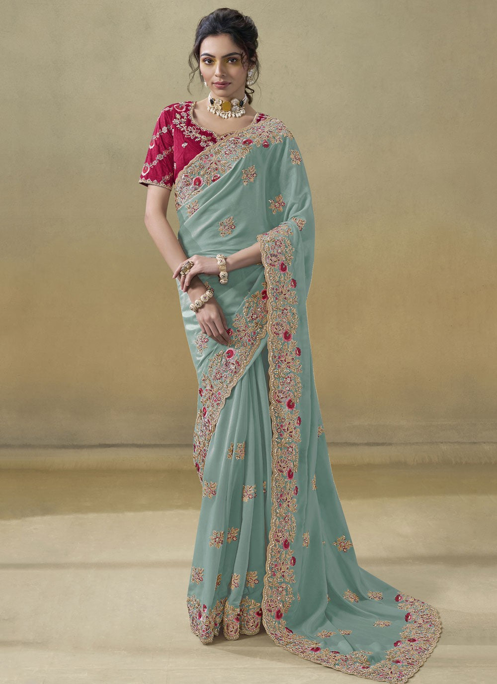 Cord Georgette Aqua Blue Saree S13876