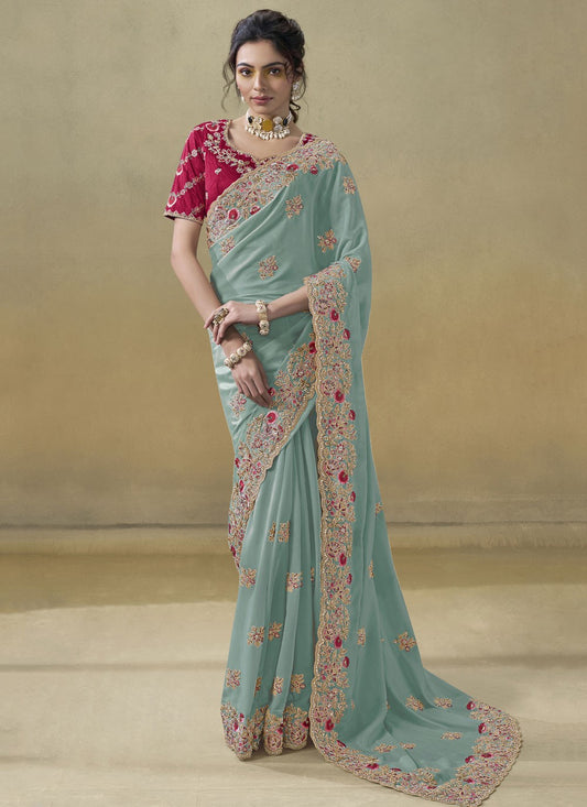 Cord Georgette Aqua Blue Saree S13876