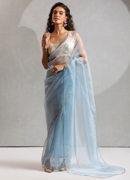 Aqua Blue Organza Trendy Saree Zircon S17633