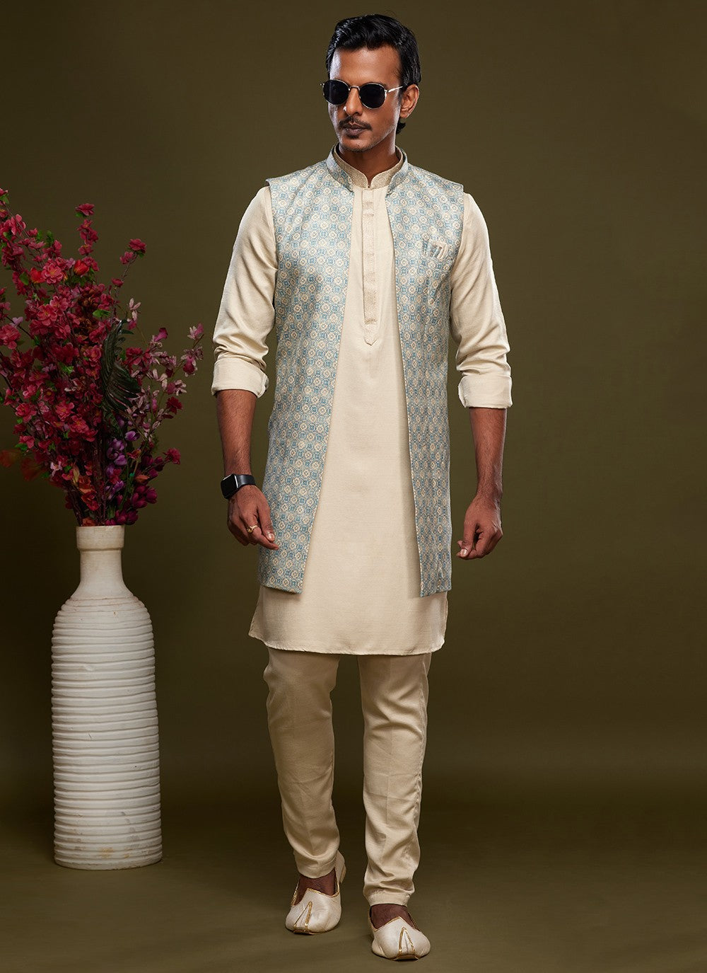 Digital Print Banarasi Silk Aqua Blue, Cream Kurta Payjama With Jacket - M6070