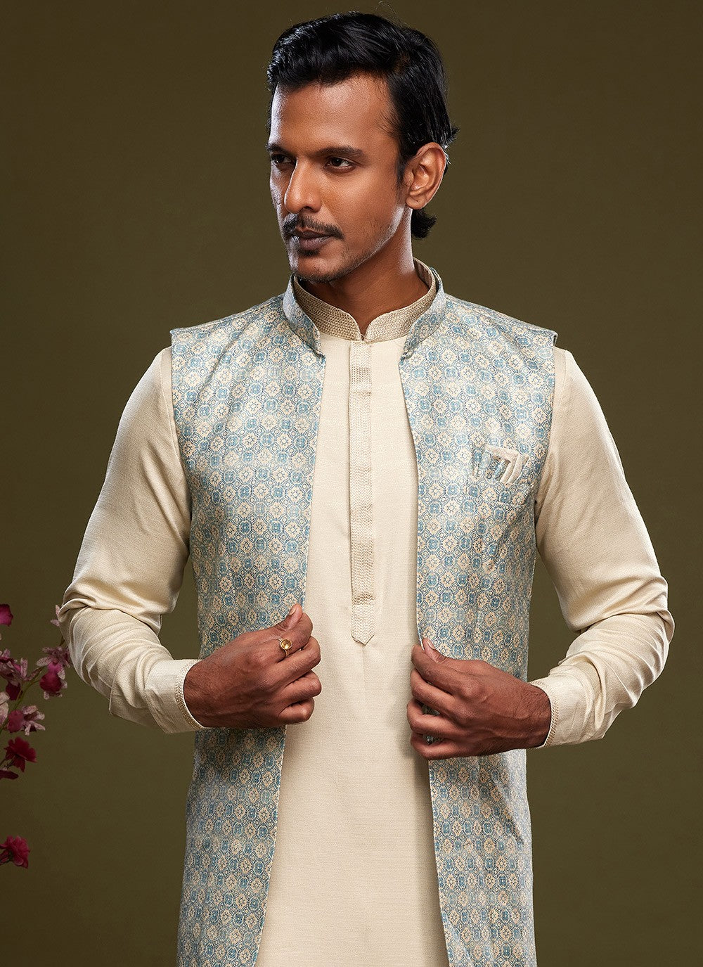 Digital Print Banarasi Silk Aqua Blue, Cream Kurta Payjama With Jacket - M6070