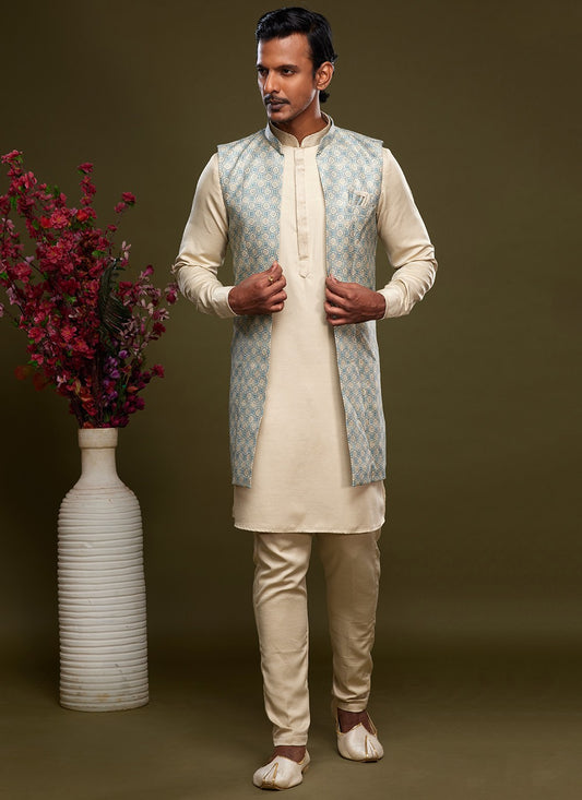 Digital Print Banarasi Silk Aqua Blue, Cream Kurta Payjama With Jacket - M6070